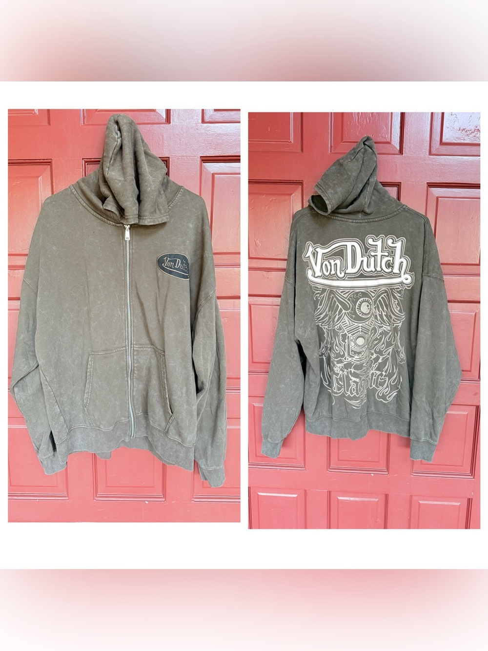 Von Dutch washed brown Zip-Up Hoodie with Back Graphic